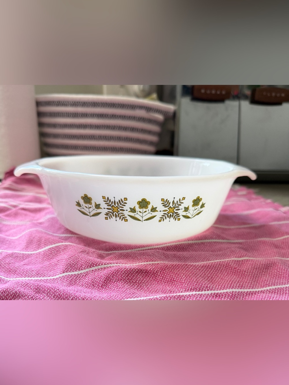 Fire King White Casserole Dish with Olive Green Floral Band